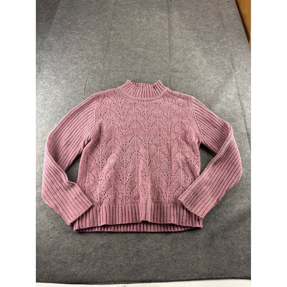 White Stag Pink Chenille Pointelle Knit Mock Neck Sweater Sparkle Womens M VTG